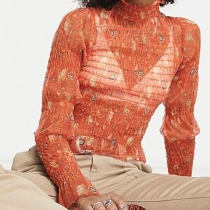 Free People Hello There floral print shirred mesh blouse in red Size S